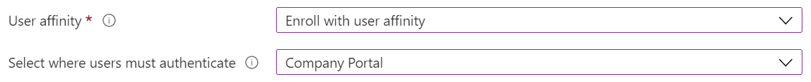 No Intune centro de administração e Microsoft Intune, inscreva dispositivos iOS/iPadOS com o Apple Configurator. Selecione Inscrever com afinidade de utilizador e utilize a aplicação Portal da Empresa para autenticação.