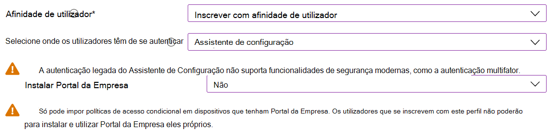 No Intune centro de administração e Microsoft Intune, inscreva dispositivos iOS/iPadOS com o Apple Configurator. Selecione Inscrever com afinidade de utilizador, utilize o Assistente de Configuração para autenticação e não instale a aplicação Portal da Empresa.