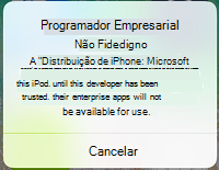 Captura de ecrã da mensagem da aplicação iOS sobre um programador empresarial não fidedigno.