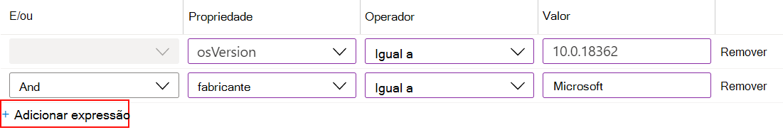 Captura de ecrã que mostra como utilizar o construtor de regras no Microsoft Intune para criar um filtro de expressão e atribuir às suas políticas.