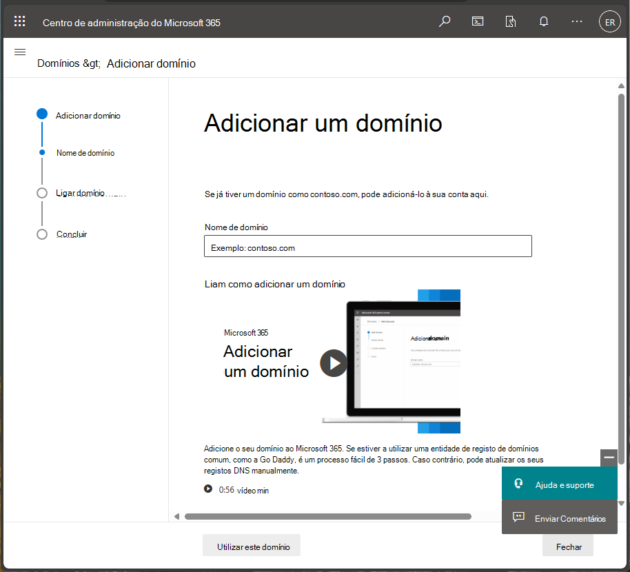 Captura de tela do Centro de administração do Microsoft 365 – Adicionar domínio