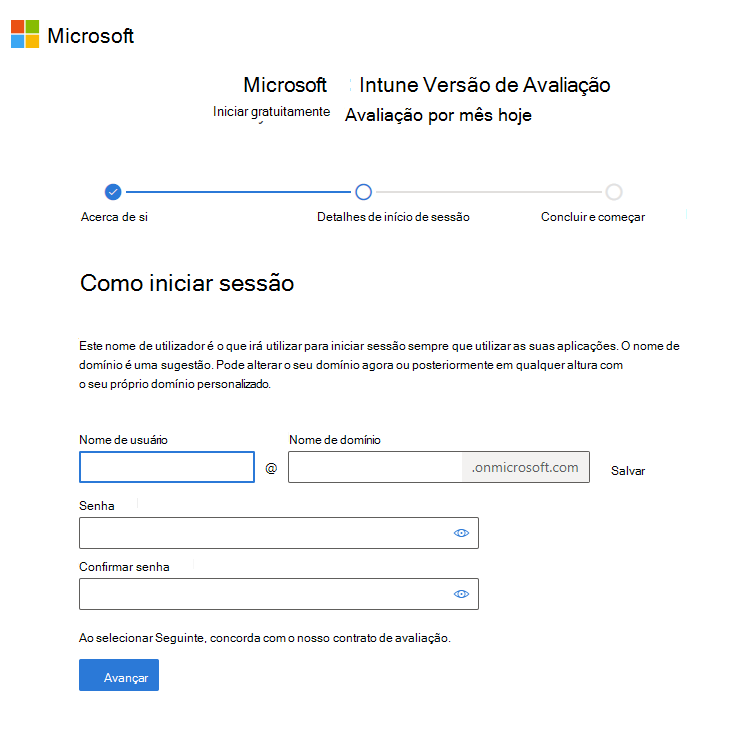 Captura de ecrã a mostrar a página configurar Microsoft Intune conta – Iniciar sessão