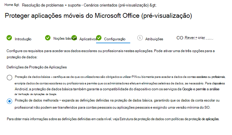 Captura de ecrã a mostrar as definições de Proteção de aplicativos.