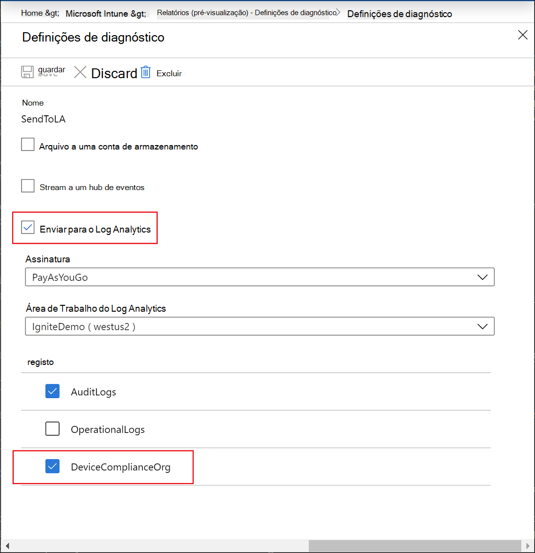 Relatórios do Intune – configurações de diagnóstico