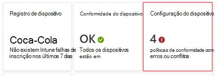 No Dashboard, selecione políticas com erros ou conflitos para ver quaisquer erros ou conflitos com perfis de configuração de dispositivos no Microsoft Intune e Intune centro de administração.