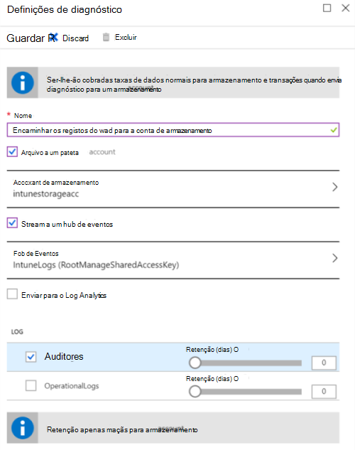 Captura de ecrã que mostra como enviar Microsoft Intune registos de auditoria para uma conta de Armazenamento do Azure.