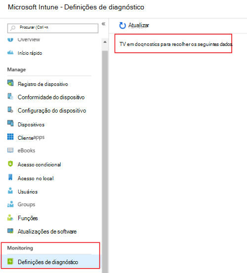 Captura de ecrã que mostra como ativar as Definições de diagnóstico no Microsoft Intune para enviar registos para o Azure Monitor.