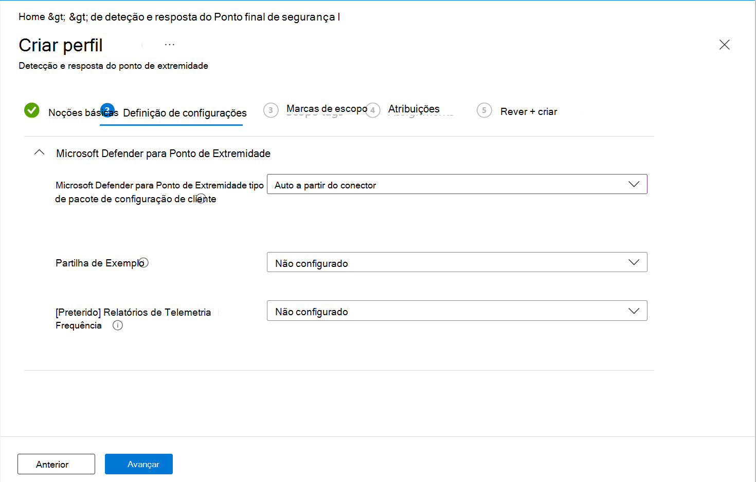 Captura de tela das opções de configuração de Detecção e Resposta de Ponto de Extremidade.