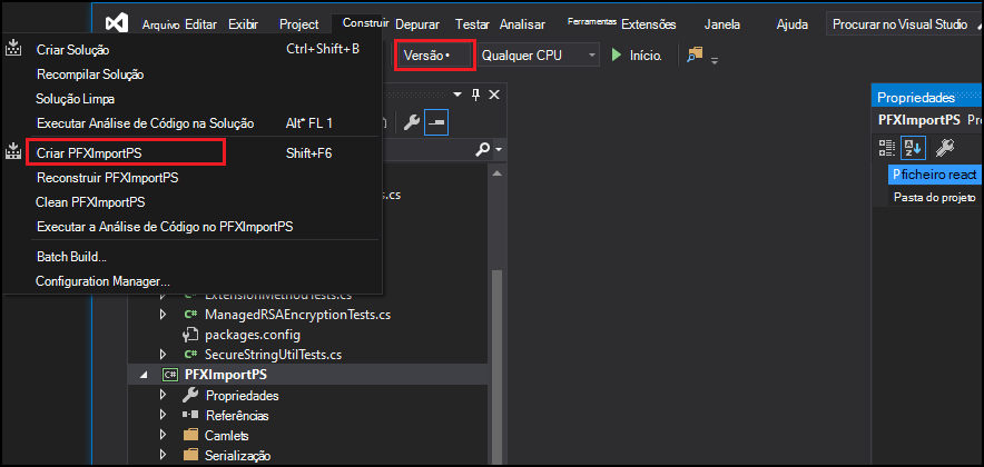 Opção de Compilação do Visual Studio