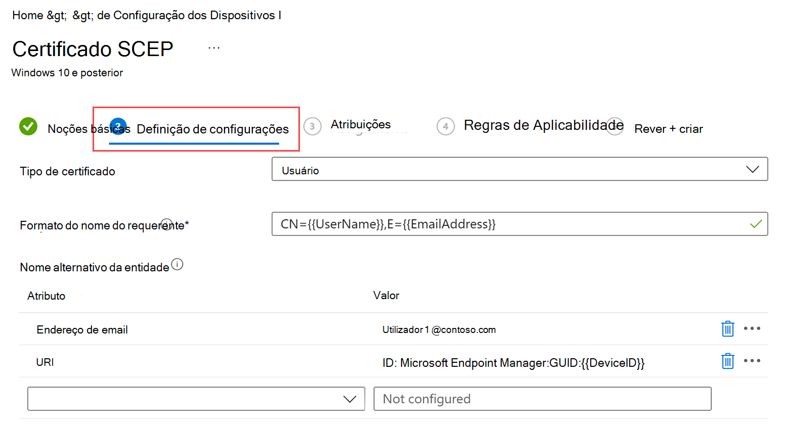 Captura de ecrã do fluxo de criação do perfil de certificado SCEP a realçar a etiqueta Definições de configuração.