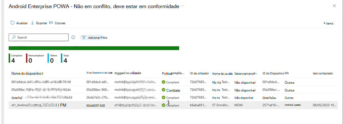 Vista do dispositivo detalhado status relatório, depois de selecionar o botão Ver relatório no centro de administração do Intune.