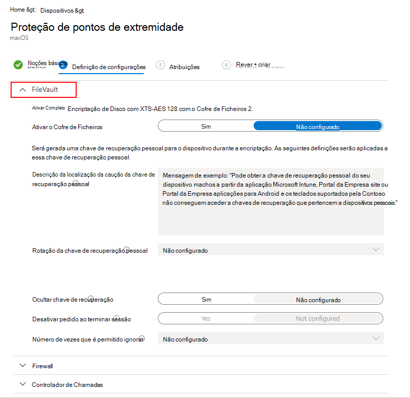 Captura de ecrã que apresenta as definições do FileVault.