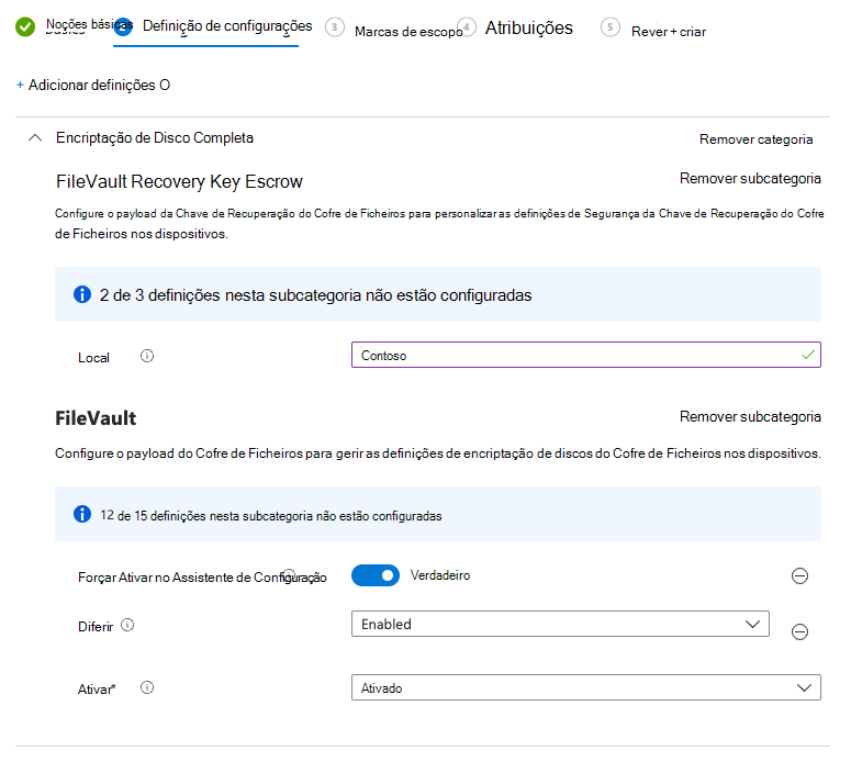 Captura de ecrã das definições necessárias para ativar o Cofre de Ficheiros no Assistente de Configuração.