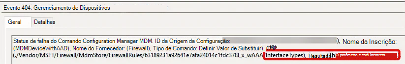 Captura de ecrã da Falha de Tipos de Interface