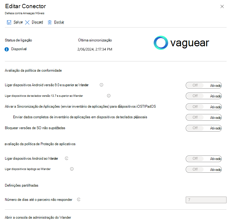 Captura de ecrã que mostra o conector MTD ativado para Jamf.