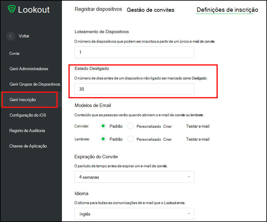 Configurações de registro do Lookout no módulo Sistema