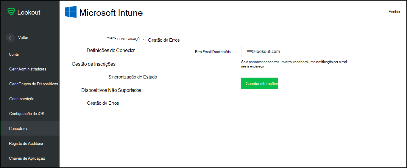 captura de tela da página de gerenciamento de erro do conector do Intune