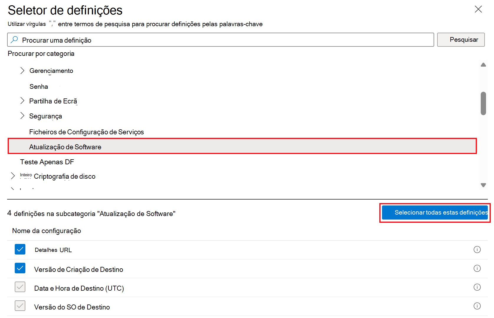 Captura de ecrã que mostra as definições de atualização de software do catálogo de definições para dispositivos Apple no Microsoft Intune.