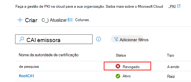 Captura de ecrã de exemplo da lista de AC a realçar a status revogada.