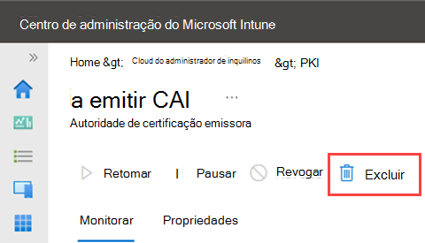 Captura de ecrã de exemplo a realçar a ação de eliminação de uma AC emissora.