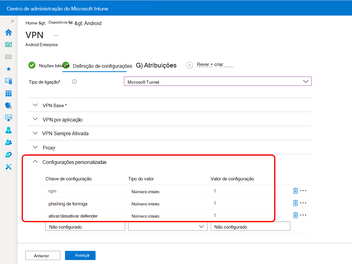 Definir configurações personalizadas no perfil VPN para o Microsoft Defender para Ponto de Extremidade