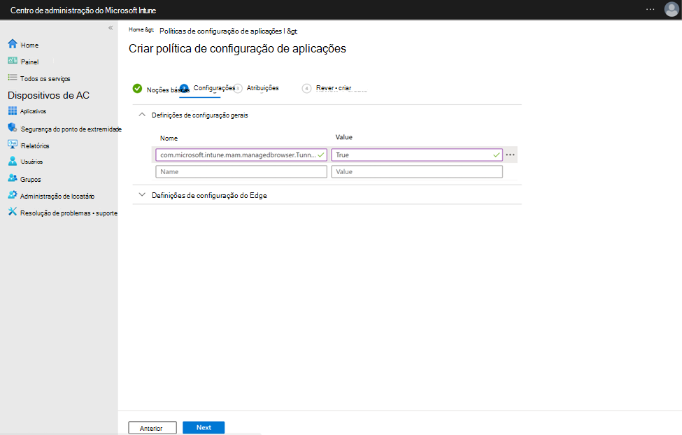 Imagem que mostra a chave de configuração do comutador de identidade e o valor do Túnel MAM em dispositivos Android não geridos no Microsoft Intune.