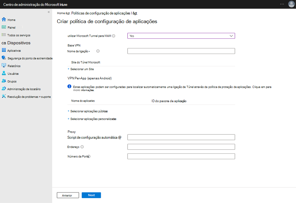 Captura de ecrã da configuração das definições das políticas de configuração da aplicação.