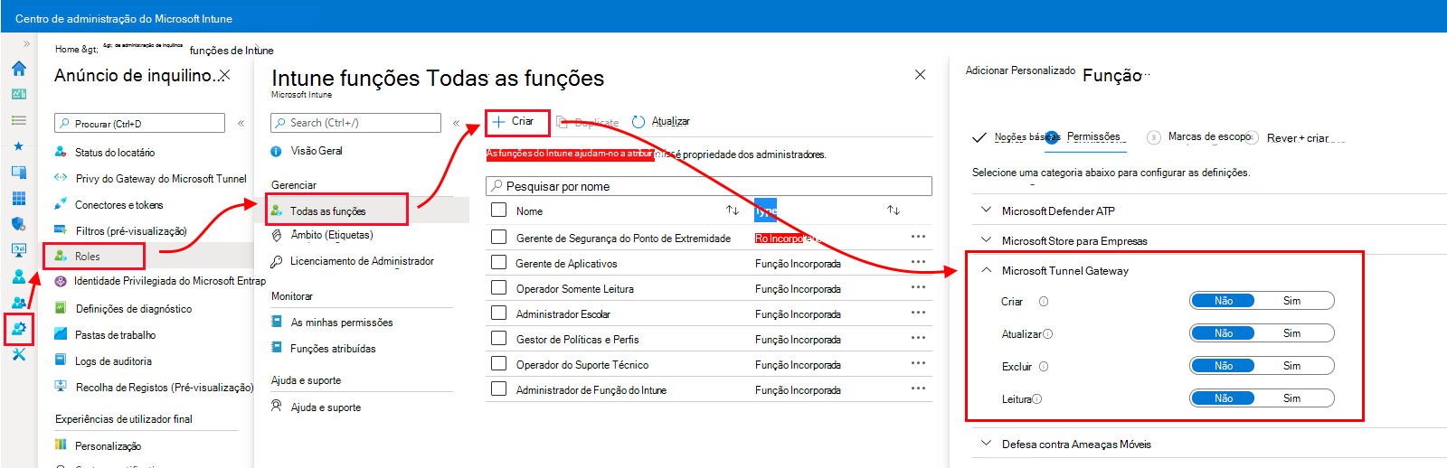 Captura de ecrã das permissões do gateway de túnel no centro de administração do Microsoft Intune.