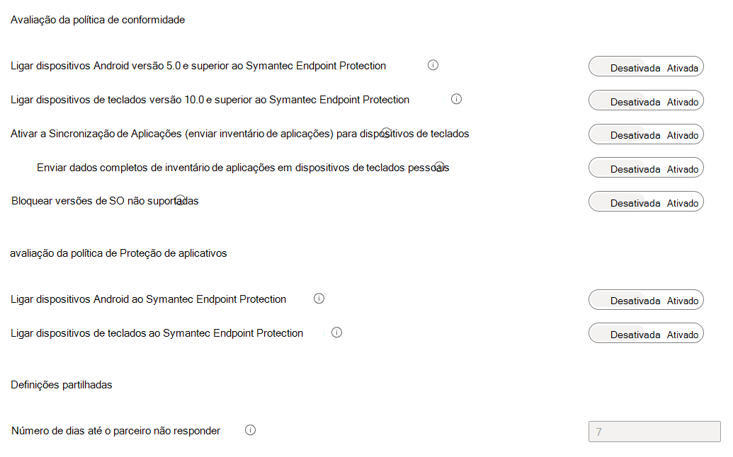 Exemplo de captura de ecrã que mostra as Definições de Política de Conformidade de MDM para o conector MDT.