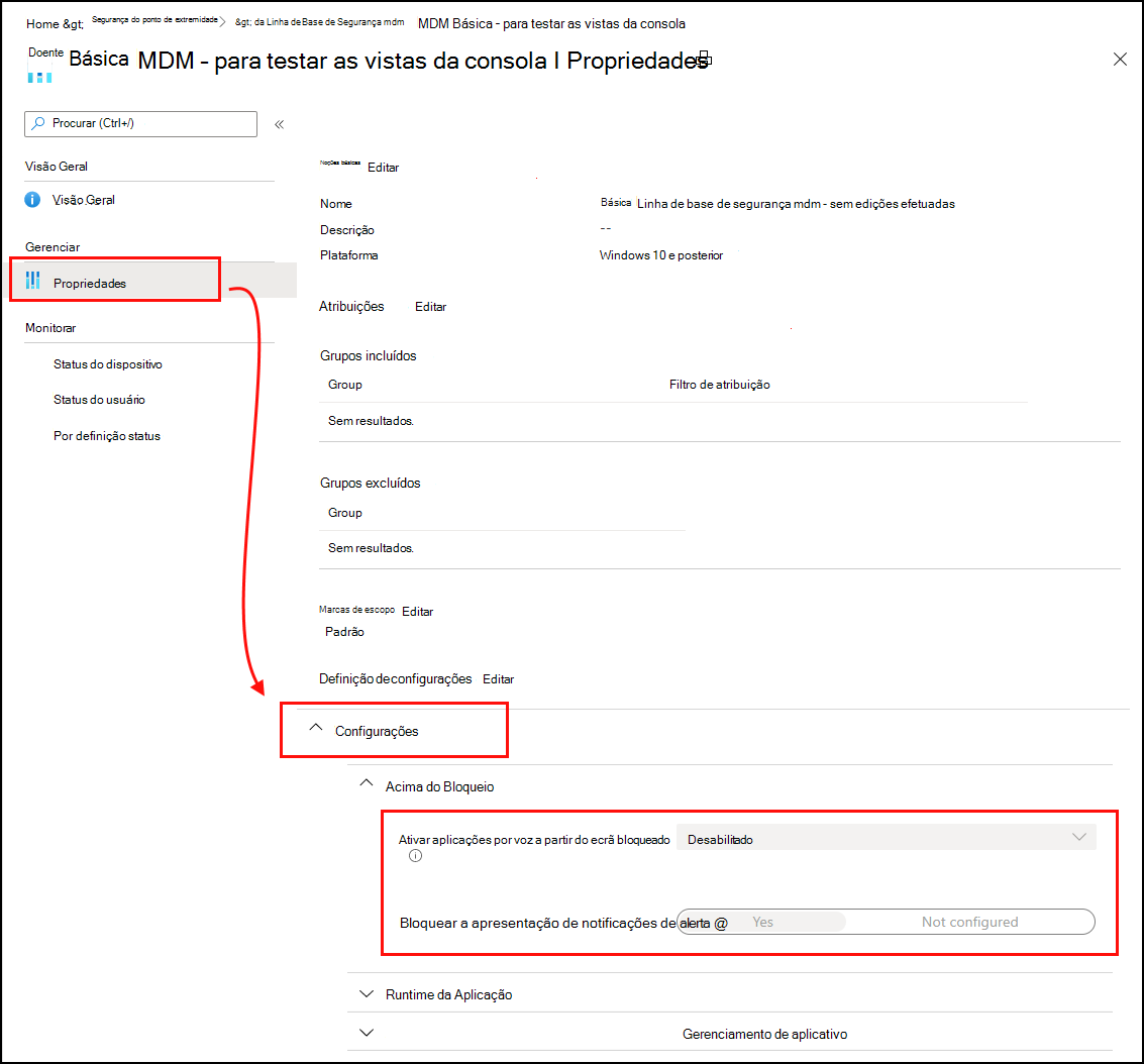 Imagem da tela mostrando a exibição de configurações