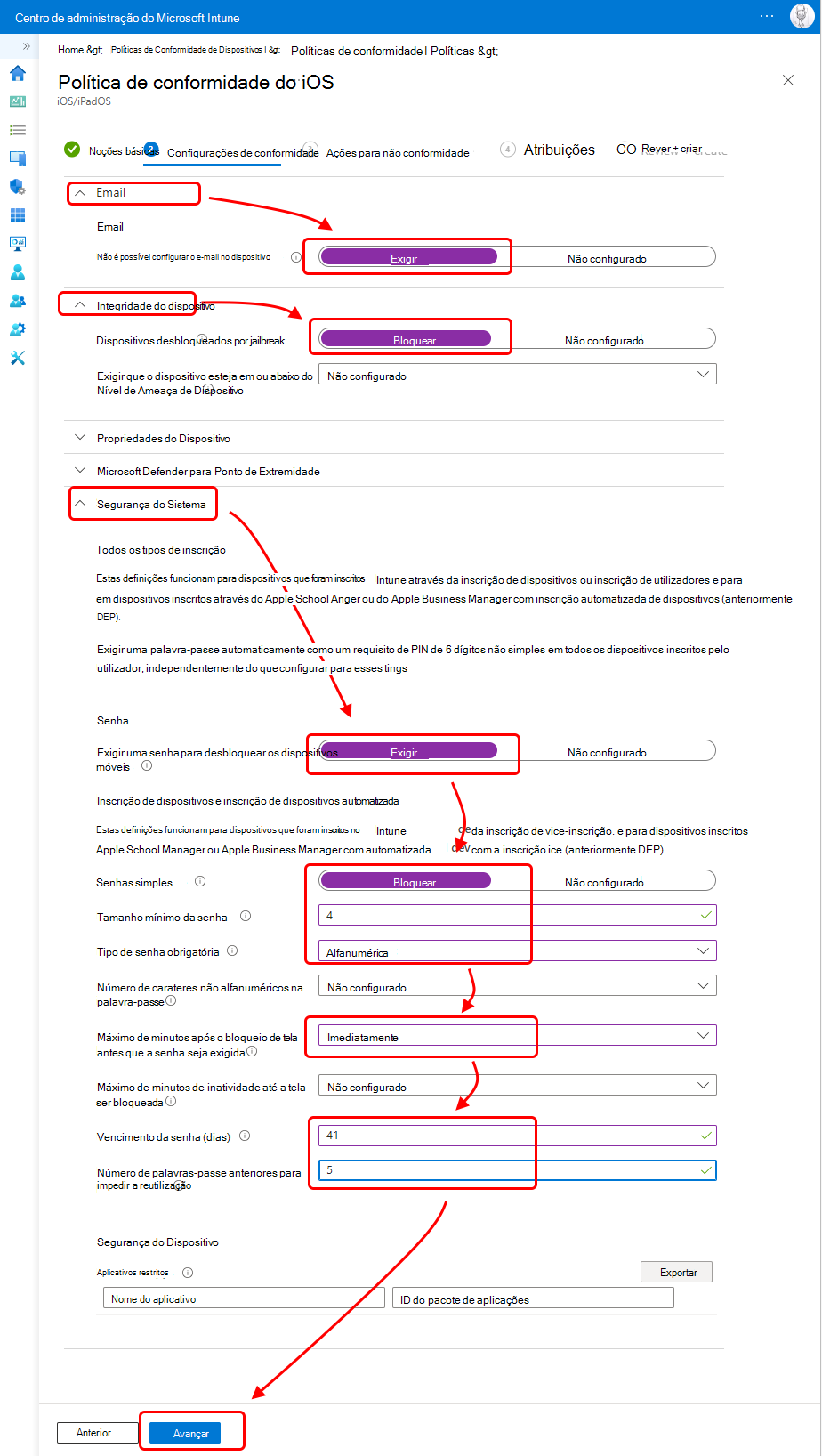 Configuração da política de conformidade do iOS.