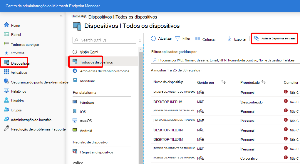 Ações de dispositivos em massa