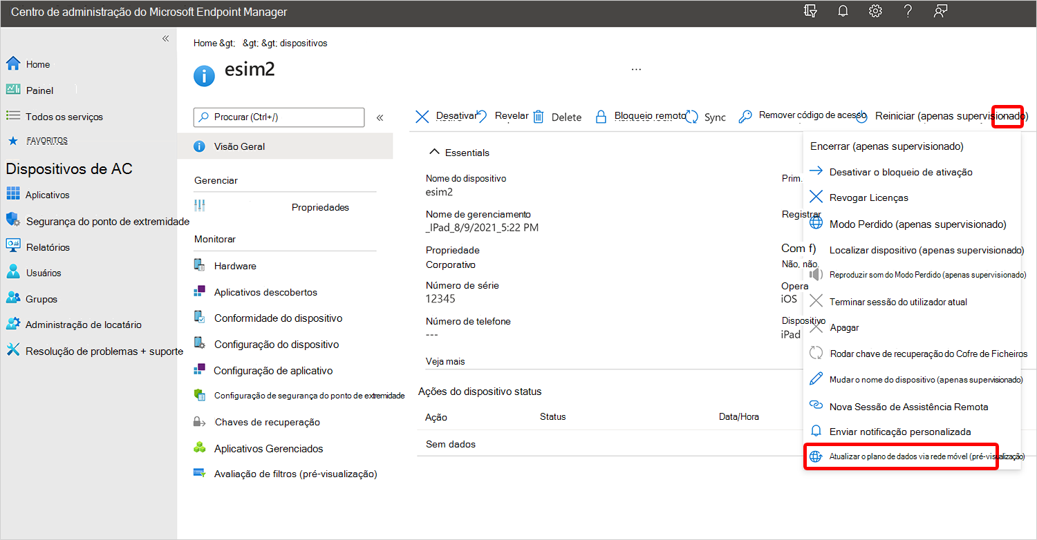 Captura de ecrã a mostrar a atualização do plano de dados via rede móvel