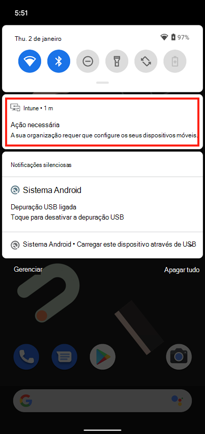 Captura de ecrã de exemplo do Portal da Empresa notificação push no ecrã principal do dispositivo.