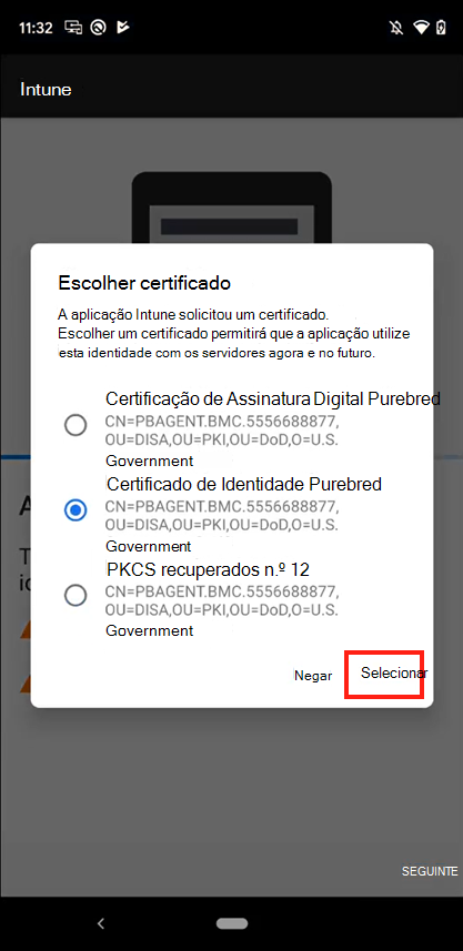 Captura de ecrã a mostrar o pedido Escolher certificado