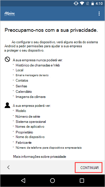 Captura de ecrã a mostrar Portal da Empresa estamos preocupados com o seu ecrã de privacidade, realçando o botão Continuar.