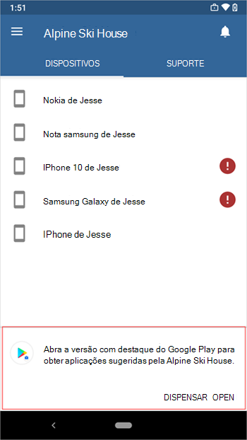 Captura de ecrã a mostrar Portal da Empresa pedido para abrir a versão com destaque do Google Play.