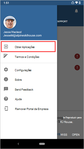 Captura de ecrã do menu Portal da Empresa, a realçar a ligação Obter Aplicações.