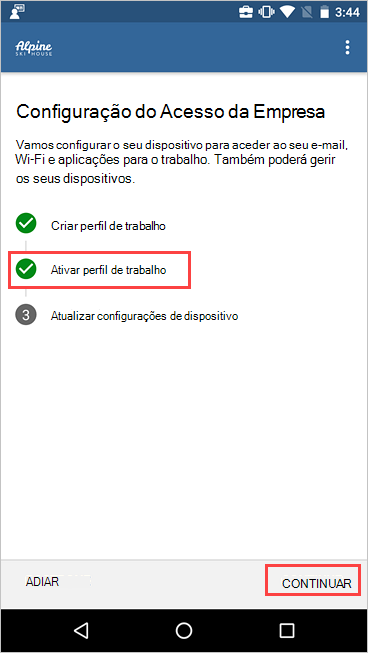 Captura de ecrã da Configuração de Acesso da Empresa a mostrar que o perfil de trabalho está ativo.