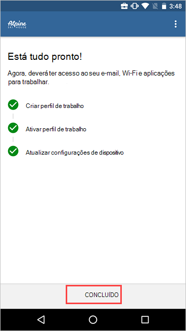 Captura de ecrã a mostrar Portal da Empresa ecrã Configuração de Acesso à Empresa do Portal da Empresa, com a configuração concluída e a realçar o botão Concluído.