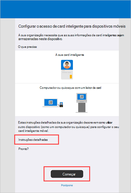 Captura de ecrã de exemplo do Portal da Empresa ecrã Configurar acesso inteligente card móvel.