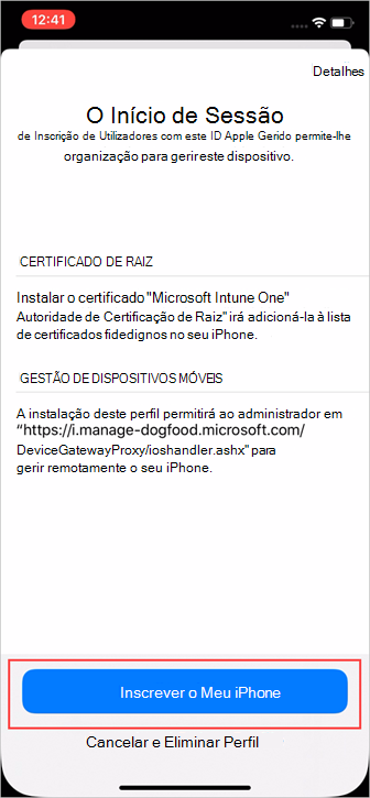 Captura de tela de exemplo do aplicativo Configurações, tela Registro do Usuário, realçando o botão registrar.