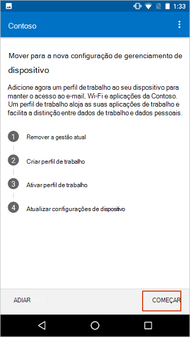 O ecrã Mover para a nova configuração de gestão de dispositivos, realçando o botão iniciar.