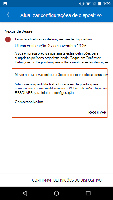 O ecrã Atualizar definição do dispositivo, a realçar a mensagem de configuração da mudança para a nova gestão de dispositivos.