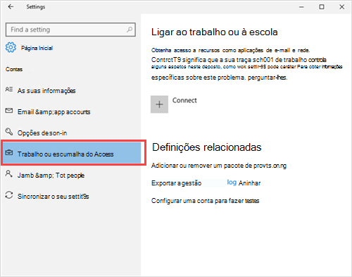 Captura de ecrã da secção Definições da conta da aplicação a realçar a opção Acesso profissional ou escolar com um retângulo vermelho.