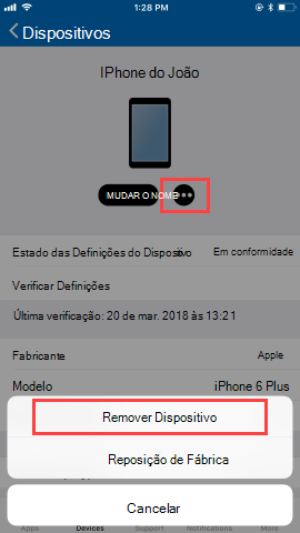 Captura de ecrã do ecrã Dispositivos da aplicação Portal da Empresa, a mostrar as opções após o utilizador clicar em Remover. Mostra o botão 