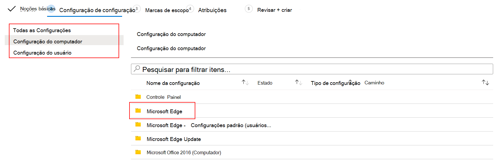 Captura de ecrã a mostrar as definições do ADMX para configuração do utilizador e configuração do computador no Microsoft Intune e no centro de administração do Intune.