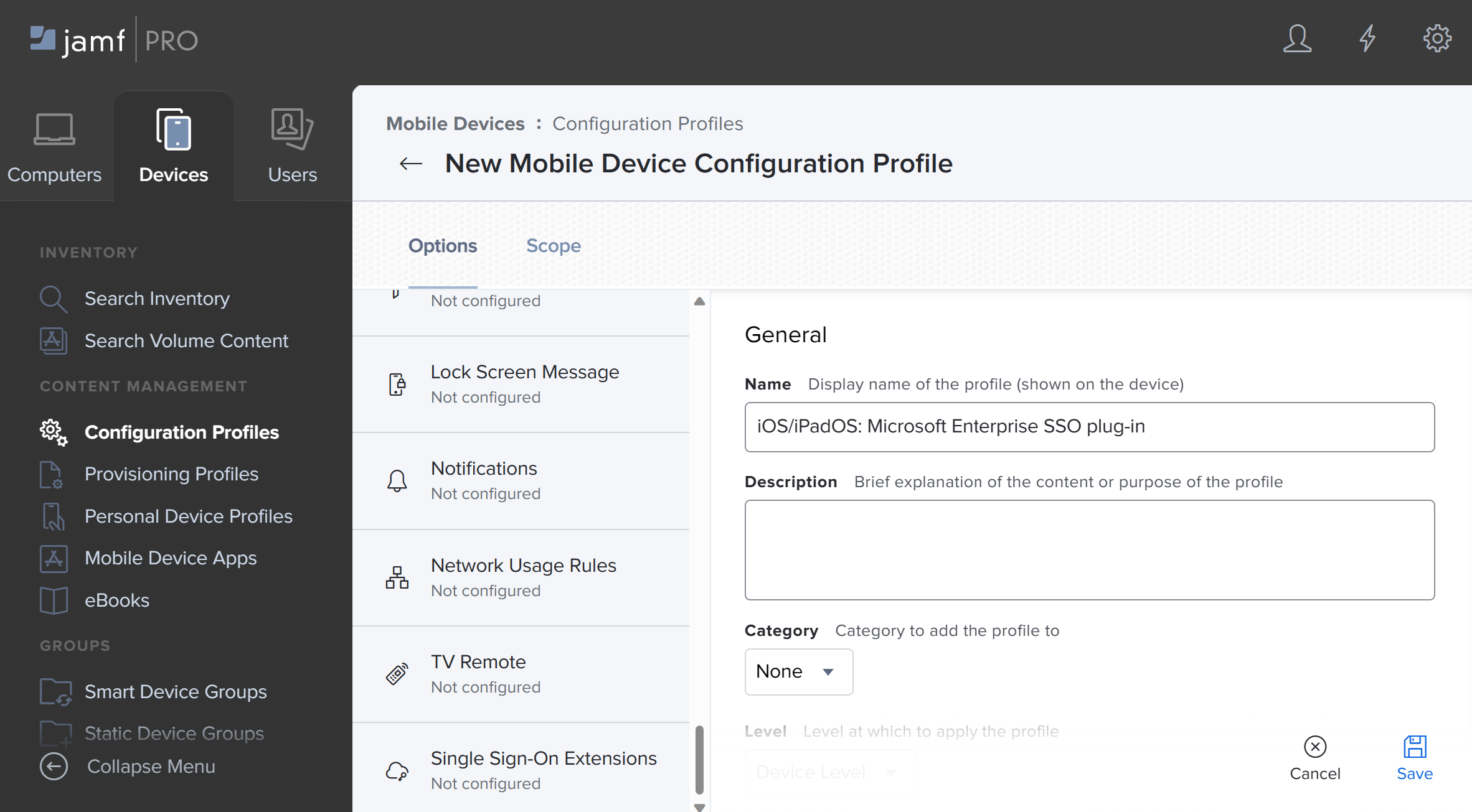 Captura de ecrã a mostrar o portal do Jamf Pro. Selecione a opção SSO dos perfis de configuração e selecione Adicionar para dispositivos iOS/iPadOS.