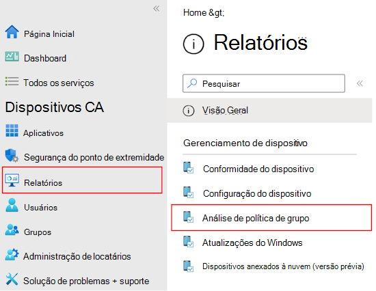 Captura de ecrã que mostra como rever o relatório e a saída dos GPOs importados com Política de Grupo análise no Microsoft Intune e Intune centro de administração.