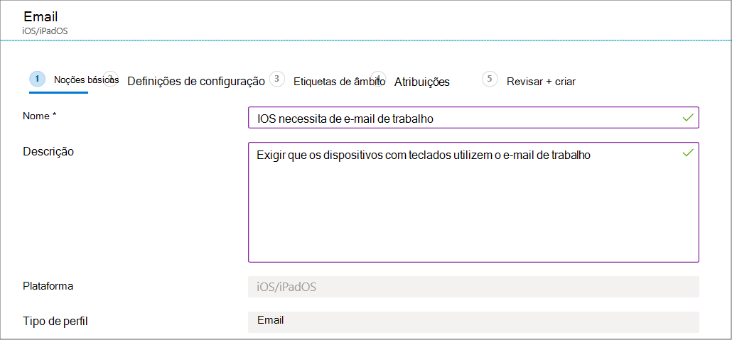 Crie um perfil de configuração de dispositivos de e-mail para dispositivos iOS/iPadOS no Microsoft Intune e no centro de administração do Intune.